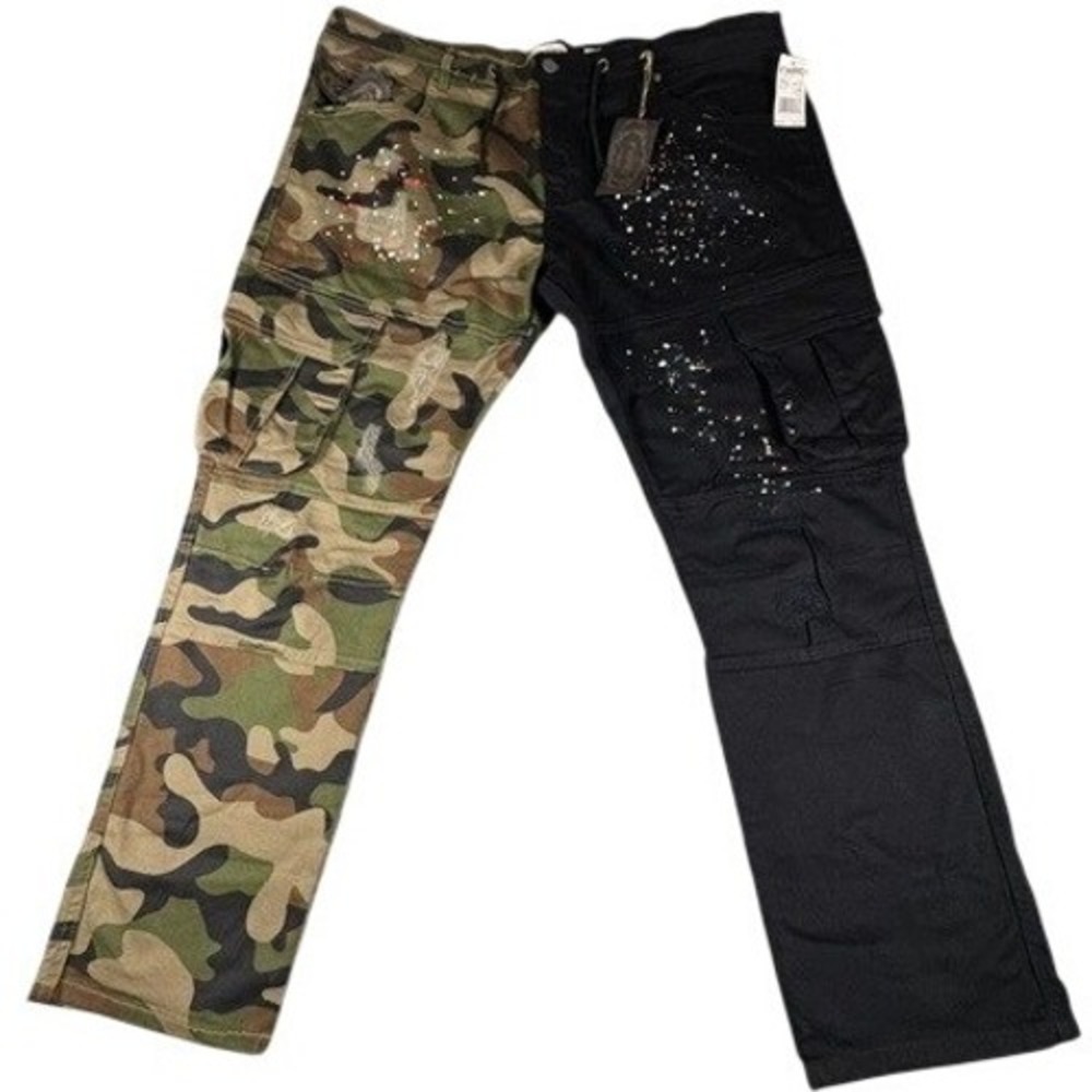 FWRD Denim Cargo Pants Mens 46 Split Camo Black Paint Splatter Distressed Street